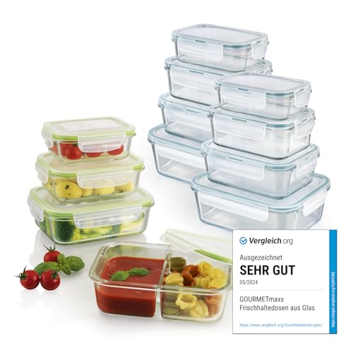 GOURMETmaxx Glas-Frischhaltedosen Klick-it 12er Set | Als Brotdose oder für Meal Prep | Spülmaschinen- Mikrowellen- und Gefrierschrankgeeignet | Aufbewahrungsbox mit Deckel von GOURMETmaxx