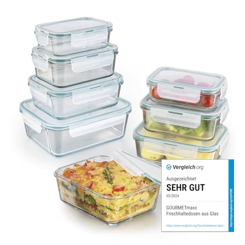 GOURMETmaxx Glas-Frischhaltedosen Klick-it 8er Set | Als Brotdose oder für Meal Prep | Spülmaschinen- Mikrowellen- und Gefrierschrankgeeignet | Aufbewahrungsbox mit Deckel von GOURMETmaxx