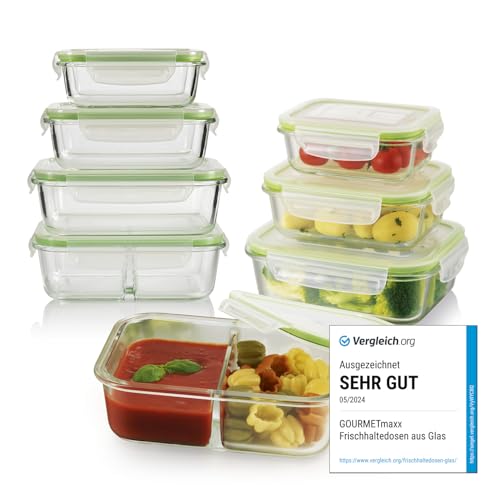 GOURMETmaxx Glas-Frischhaltedosen Klick-it 8er Set | Als Brotdose oder für Meal Prep | Spülmaschinen- Mikrowellen- und Gefrierschrankgeeignet | Aufbewahrungsbox mit Deckel mit Silikon Dichtungsring von GOURMETmaxx