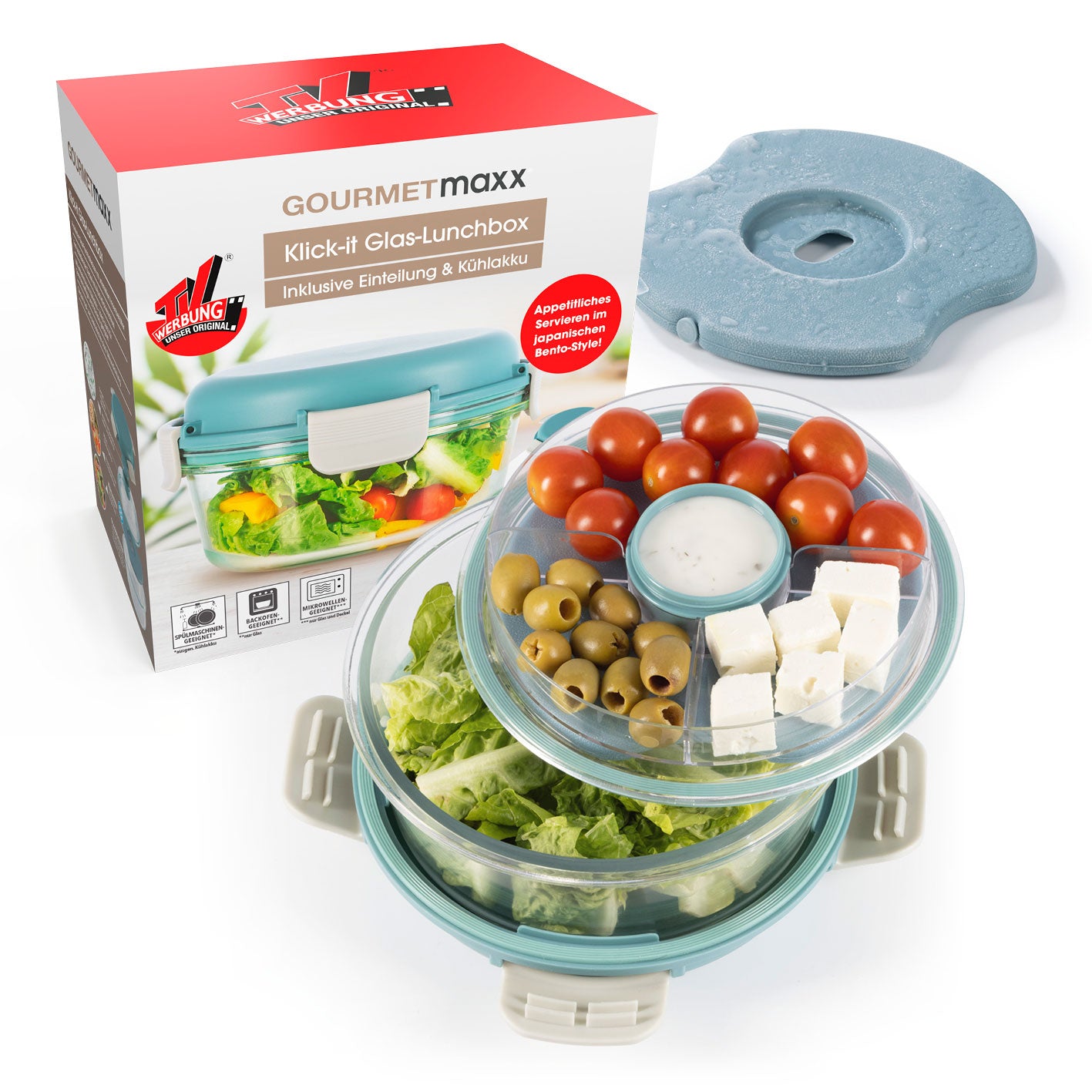 GOURMETmaxx Glas-Lunchbox Klick-it mit integriertem Kühlakku - 950 ml - grau/grün von GOURMETmaxx