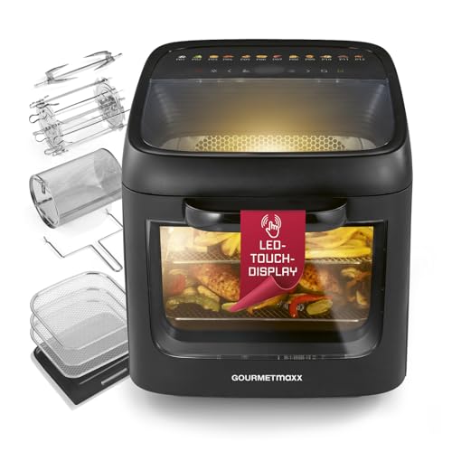 GOURMETmaxx Heißluftofen mit Panoramadach & Frontfenster 12,5 L | Heißluftfritteuse mit 9 Funktionen | Airfryer, Fritteuse & Minibackofen in 1 | für max. 8 Personen | Heißluftfritteuse mit Farb-Icons von GOURMETmaxx