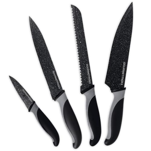 GOURMETmaxx Messer-Set 4 tlg. | Stylische Küchenmesser mit gummierten Griffen | Kochmesser mit Antihaftbeschichtung für eine leichte Reinigung | Inkl. Brot-, Schäl- & Tranchiermesser [Schwarz/grau] von GOURMETmaxx