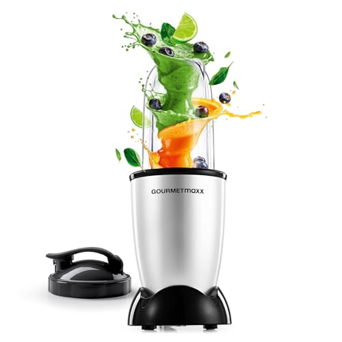 GOURMETmaxx Mr. Magic Mixer 4-tlg. | 400W Powerbase, Kreuzklinge, 500ml Becher & To Go Deckel | Smoothie Maker & Standmixer | Für Shakes, Dips, Soßen | Leicht zu reinigen | silber/schwarz von GOURMETmaxx
