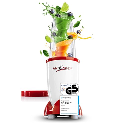 GOURMETmaxx Mr. Magic Mixer | Smoothie Maker - 4-tlg. | Standmixer mit Mixbecher & Frischhaltedeckel | Blender mit 8 Funktionen | Food Processor für Shakes, Smoothies, Shots & Co. von GOURMETmaxx