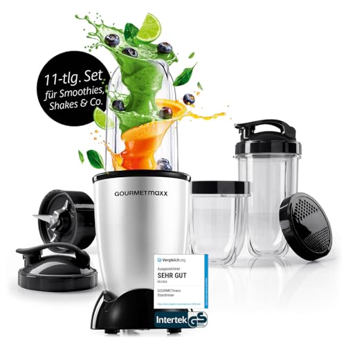 GOURMETmaxx Mr. Magic Power Pro Mixer 400 Watt | Smoothie Maker mit to go Deckel | Standmixer mit Mixbecher & Frischhaltedeckel zum Aufbewahren | Blender mit Zubehörset L für Shakes, Smoothies etc. von GOURMETmaxx