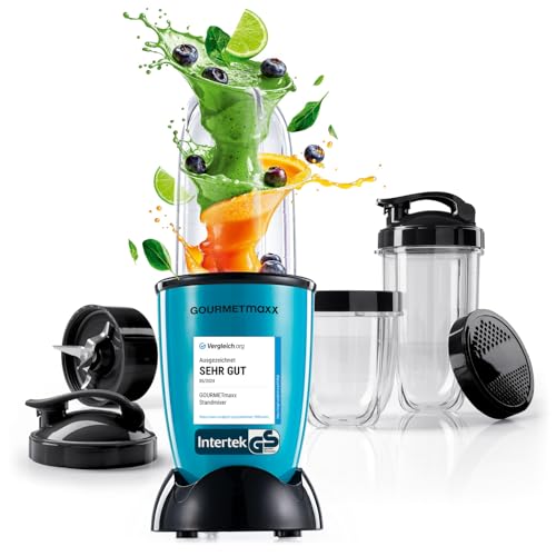 GOURMETmaxx Mr. Magic Power Pro Mixer 400 Watt | Smoothie Maker mit to go Deckel | Standmixer mit Mixbecher & Frischhaltedeckel zum Aufbewahren | Blender mit Zubehörset L für Shakes, Smoothies etc. von GOURMETmaxx