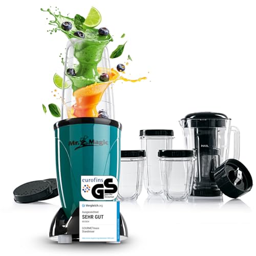 GOURMETmaxx Smoothie Maker & Standmixer 18tlg. Set - 400W | Elektrischer Blender 750ml, Mixer inkl. 4 To-Go Becher, 2 Klingen, Entsafter, Stößel & Deckel | Spülmaschinenfest, auslaufsicher & BPA frei von GOURMETmaxx