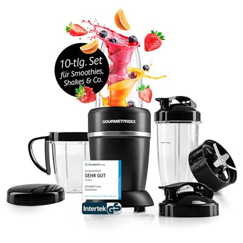GOURMETmaxx Nutrition Mixer 1000 Watt | Smoothie Maker mit to go Deckel | Standmixer mit Mixbecher & Frischhaltedeckel – ideal zum Aufbewahren | Standmixer mit Zubehörset L für Shakes, Smoothies etc. von GOURMETmaxx
