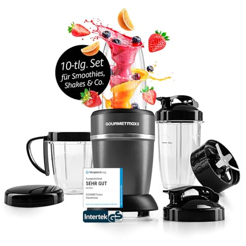 GOURMETmaxx Nutrition Mixer 1000 Watt | Smoothie Maker mit to go Deckel | Standmixer mit Mixbecher & Frischhaltedeckel – ideal zum Aufbewahren | Standmixer mit Zubehörset L für Shakes, Smoothies etc. von GOURMETmaxx