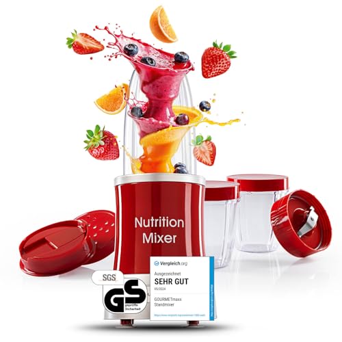 GOURMETmaxx Smoothie Maker & Standmixer 11tlg. Set - 1000W & 22.000 U/min | Elektrischer Mixer 700ml, Blender inkl. To-Go Becher, 2 Klingen & Rezeptbuch | Spülmaschinenfest, auslaufsicher & BPA frei von GOURMETmaxx