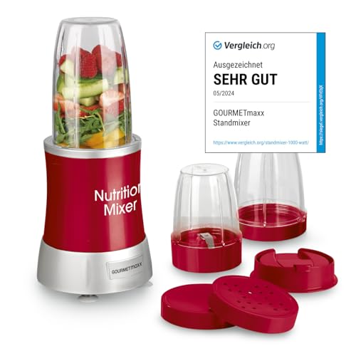 GOURMETmaxx Smoothie Maker & Standmixer 11tlg. Set - 1000W & 22.000 U/min | Elektrischer Mixer 700ml, Blender inkl. To-Go Becher, 2 Klingen & Rezeptbuch | Spülmaschinenfest, auslaufsicher & BPA frei von GOURMETmaxx