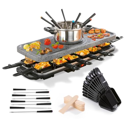 GOURMETmaxx Raclette & Fondue Kombi XXL für 12 Personen | 3-in-1 Raclette Grill mit Pfännchen, Fondueset & heißer Stein | Elektrischer Tischgrill mit antihaftbeschichteter Grillplatte [1600 Watt] von GOURMETmaxx
