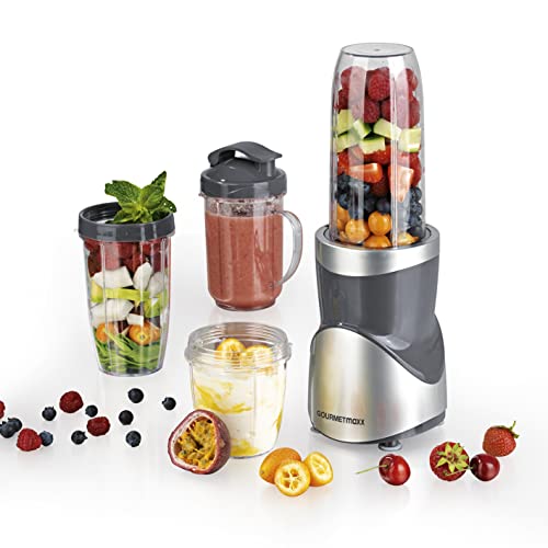 GOURMETmaxx Smoothie Maker 12-tlg | Mixen, Rühren, Zerkleinern, Mahlen, Hacken, Schlagen, Pürieren | To-go-Deckel für den Frische-Kick unterwegs | Mini-Mixer ideal zum Abnehmen, Fitness & Sport [grau] von GOURMETmaxx