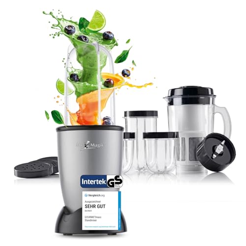 GOURMETmaxx Mr. Magic Mixer | Smoothie Maker mit XXL-Zubehörpaket | Standmixer 18-tlg. | Blender mit auslaufsicheren Frischhaltedeckeln | Food Processor für Shakes, Smoothies etc. von GOURMETmaxx