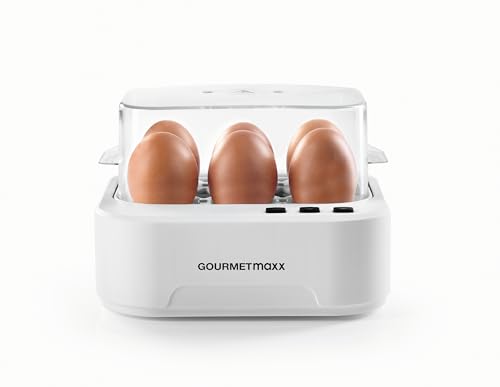 GOURMETmaxx Sprechender Eierkocher für 6 Eier | Design Egg Cooker mit Eierstecher, Messbecher & Sprachausgabe | 3 Härtegrade für perfekt gekochte Eier | Leichte Reinigung & einfache Handhabung von GOURMETmaxx