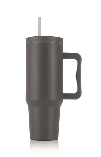 GOURMETmaxx Thermobecher mit Strohhalm & Henkel | 1,2 L Kaffebecher To Go | Isolierbecher mit 2in1 Deckel | Auslaufsicherer Cup, Grau von GOURMETmaxx