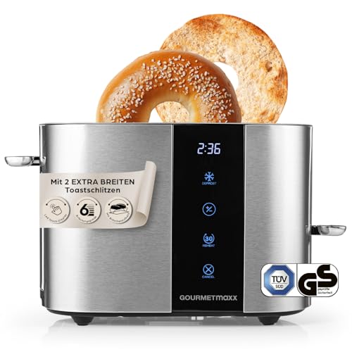GOURMETmaxx Toaster Kurzschlitz für 2-Scheiben | Edelstahl Toaströster mit 6 Bräunungsgraden und Ready-2-eat-Countdown | Elektrisches Küchengerät mit Touchdisplay, Brötchenaufsatz & Aufwärmfunktion von GOURMETmaxx