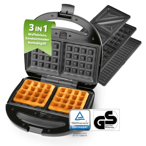 GOURMETmaxx Waffeleisen 3 in 1 | Waffelautomat, Sandwichmaker, Kontaktgrill | Multifunktionsgerät mit abnehmbaren Platten, Antihaftbeschichtung, Cool-Touch Griff und Kontrollleuchte | 800 W von GOURMETmaxx