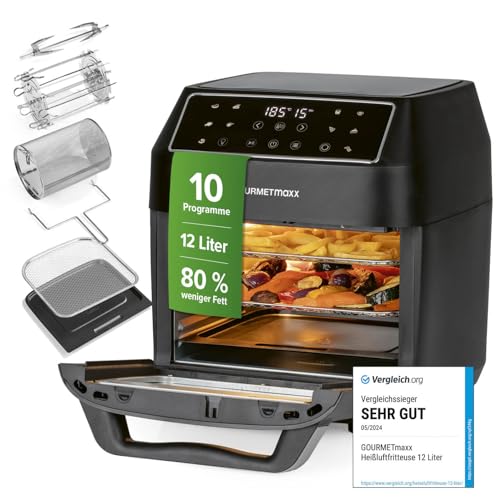 GOURMETmaxx Heißluftfritteuse 12 L Airfryer | Fritteuse mit 9 Funktionen, Touchdisplay, Dreh- & Schaschlikspießen | 10 Programme inkl. Pizza | Minibackofen 1700 W – nahezu ohne Öl von GOURMETmaxx