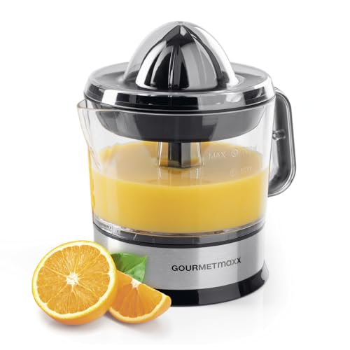 GOURMETmaxx elektrischer Entsafter für Zitrusfrüchte & Orangensaft | Saftpresse bis 700 ml Füllvolumen | Zitruspresse mit verschiedenen Zubehör für frischesten Geschmack | 40 W [transparent/silber] von GOURMETmaxx