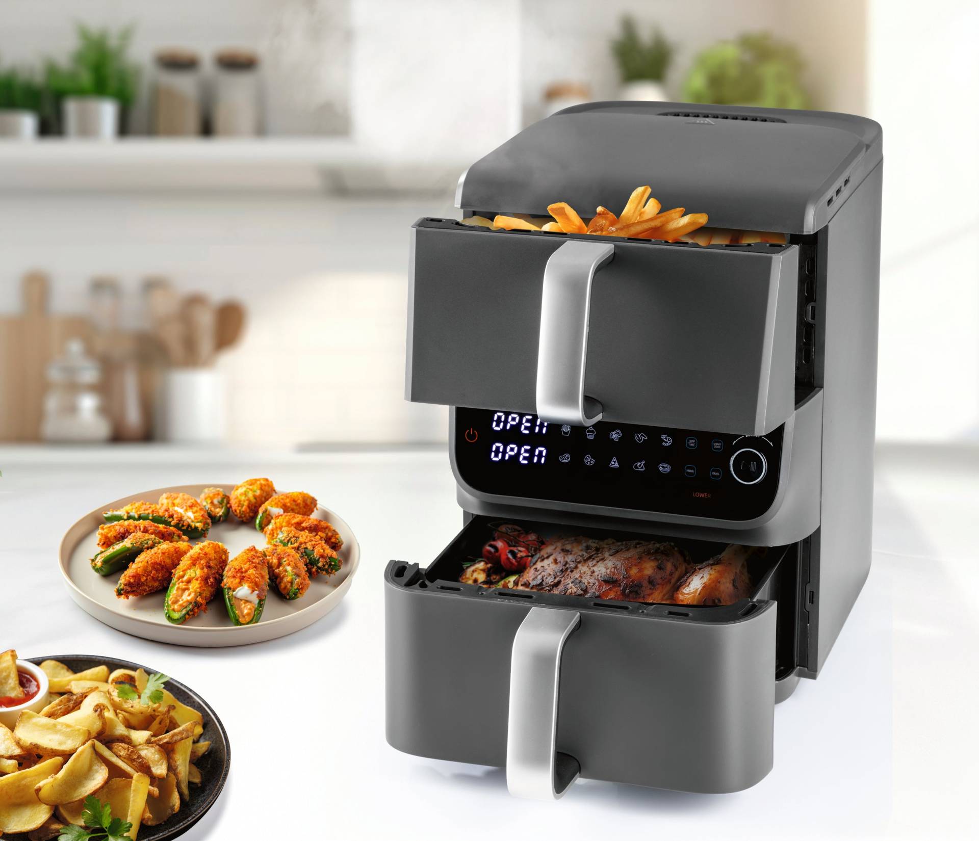 Vertikale Doppelkammer-Heißluftfritteuse MultiSize - 10 L Vertikale Doppelkammer-Heißluftfritteuse MultiSize - 10 L von GOURMETmaxx