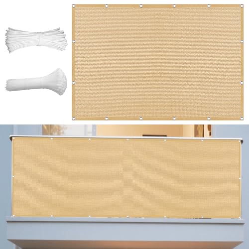 Sonnensegel 140 x 360 cm Rechteckig Atmungsaktiv Sonnenschutz Windschutz Sonnenschutz Netz mit Ösen Seil HDPE UV Schutz Ohne Bohren für Terrasse Garten, Sandgelb von GOUSANG