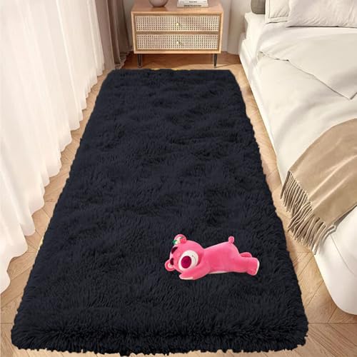 GOUTUI Bettvorleger Schlafzimmer 100 x 120 cm Anti-Rutsch Unterseite Warmer Fellteppich Wohnzimmer Deko für Schlafzimmer Kinderzimmer Wohnzimmer, Schwarz von GOUTUI
