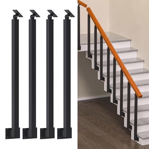 GOUZIBHD Quadratische Treppenhandlauf,4er-Set Metallgeländer mit Flachem und Verstellbarem 270°-Winkel,Schwarze Treppe Handläufe für Terrasse,Balkon und Treppe(Size:75cm/29.5in,Color:Seitenhalterung) von GOUZIBHD