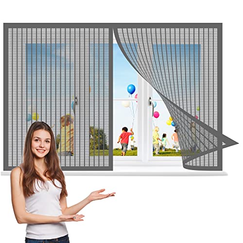 Fliegengitter Fenster 100 x 90 cm, Insektenschutz Feines undurchdringliches Gitter, Auto Schließen Magnetische Adsorption für Windows/Wohnzimmer Fenstern, Grau von GOUZOO