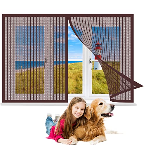 Fliegengitter Fenster 90 x 120 cm, Insektenschutz mit Starkem Klettband, Total Magnetisch, Automatik-Verschluss für Alle Fenster, Braun von GOUZOO