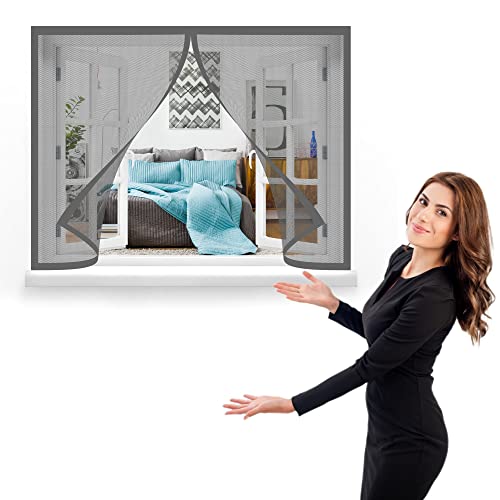 Fliegengitter Fenster Magnet 55 x 200 cm, Insektenschutz mit Starkem Klettband, Einfache Installation für Windows/Wohnzimmer Fenstern, Grau von GOUZOO