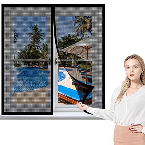 Fliegennetz Fenster Magnet 185 x 115 cm, Insektenschutz mit Starkem Klettband, Auto Schließen Faltbar für Windows/Wohnzimmer Fenstern, Schwarz von GOUZOO