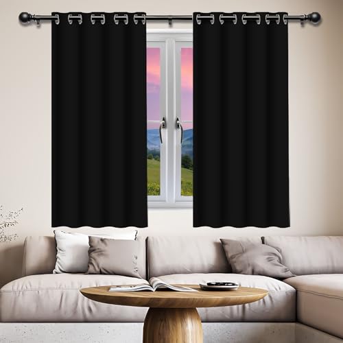GOUZOO Verdunklungsvorhänge Gardinen 158 x 202 cm Isolierend Kälteschutz Sonnenschutz Thermovorhang Kälteschutz mit Ösen, Waschbar für Fenster Wohnzimmer, Schwarz von GOUZOO