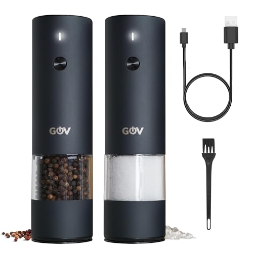 GOV Elektrische Pfeffer- und Salzmühle Set - 45 ml Schwarz Edition - USB-C Wiederaufladbar - 6 einstellbare Mahlgrößen - Stilvolles Schwarz Edelstahldesign mit LED-Lampe GOV Elektrische Pfeffer- und Salzmühle Set - 45 ml Schwarz Edition - USB-C Wiederaufladbar - 6 einstellbare Mahlgrößen - Stilvolles Schwarz Edelstahldesign mit LED-Lampe von GOV