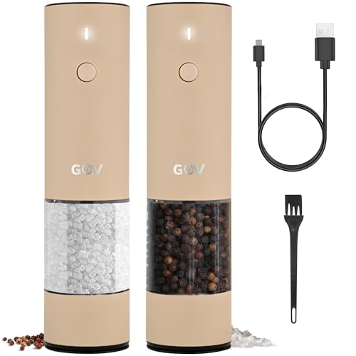 GOV Elektrische Pfeffer- und Salzmühle Set - 75 ml Beige Edition - USB-C Wiederaufladbar - 6 einstellbare Mahlgrößen - Stilvolles Beige Edelstahldesign mit LED-Lampe von GOV