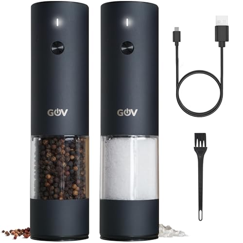 GOV Elektrische Pfeffer- und Salzmühle Set - 75 ml Schwarz Edition - USB-C Wiederaufladbar - 6 einstellbare Mahlgrößen - Stilvolles Schwarz Edelstahldesign mit LED-Lampe GOV Elektrische Pfeffer- und Salzmühle Set - 75 ml Schwarz Edition - USB-C Wiederaufladbar - 6 einstellbare Mahlgrößen - Stilvolles Schwarz Edelstahldesign mit LED-Lampe von GOV