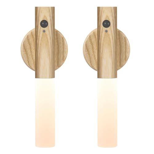 GOXAEEE Nachtlicht mit Bewegungsmelder,USB-aufladbare Wandleuchte, Portable Removable Magnetic Wandlampe Holz,Led Wandleuchte für Wohnzimmer Schlafzimmer Treppenhaus Flur (ashwooden-2pcs) von GOXAEEE