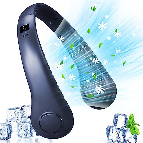 GOXAEEE Tragbarer Mini Hals Ventilator mit,5 Geschwindigkeiten, USB nackenventilator mit 360° Luftstrom,Ventilator Hals Hängend,Blattlos Nackenventilator für Reisen, Sport,Camping (blue) von GOXAEEE