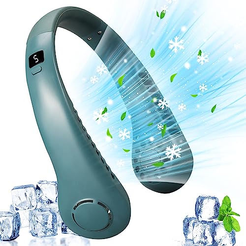 GOXAEEE Tragbarer Mini Hals Ventilator mit,5 Geschwindigkeiten, USB nackenventilator mit 360° Luftstrom,Ventilator Hals Hängend,Blattlos Nackenventilator für Reisen, Sport,Camping (green) von GOXAEEE
