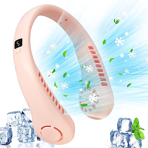 GOXAEEE Tragbarer Mini Hals Ventilator mit,5 Geschwindigkeiten, USB nackenventilator mit 360° Luftstrom,Ventilator Hals Hängend,Blattlos Nackenventilator für Reisen, Sport,Camping (pink) von GOXAEEE
