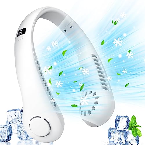 GOXAEEE Tragbarer Mini Hals Ventilator mit,5 Geschwindigkeiten, USB nackenventilator mit 360° Luftstrom,Ventilator Hals Hängend,Blattlos Nackenventilator für Reisen, Sport,Camping (white) von GOXAEEE