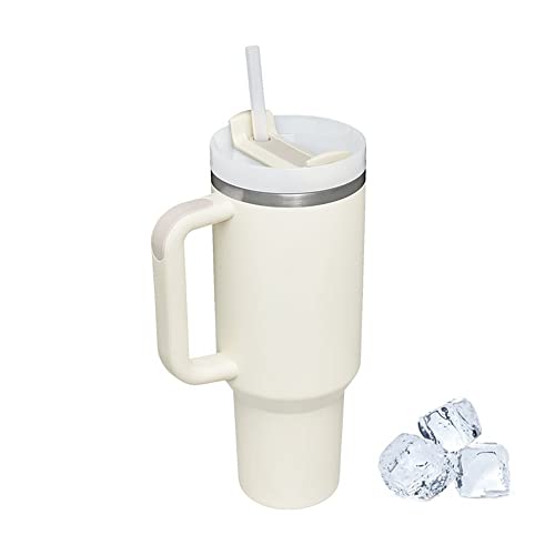 Thermobecher mit Strohhalm und Griff, 4200 ml, Thermobecher mit Griff, Reisebecher mit Henkel, Kaffeetasse aus Edelstahl, Thermobecher für Reisen, doppelt isoliert, Beige von GOXAEEE