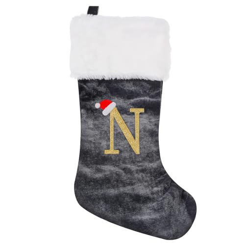 Weihnachtsstrumpf Personalisiert 45 cm Groß Nikolausstrumpf Nikolausstiefel Nikolaussocken zum Befüllen & Aufhängen, Grau Nikolaussocke Weihnachtsdekoration für Kamin, Weihnachtsbaum, Wand, Treppe(N) von GOXAEEE