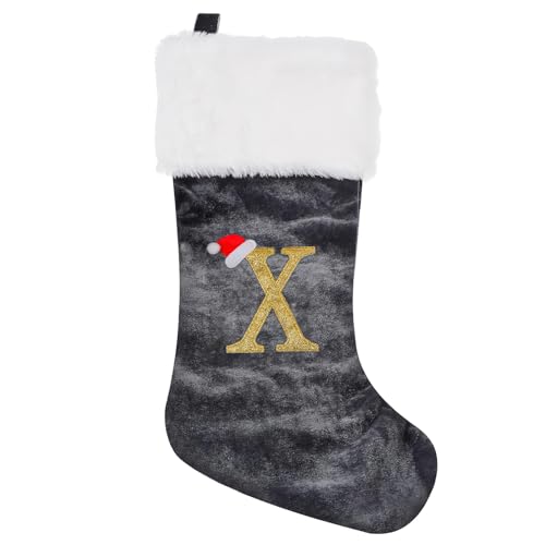 Weihnachtsstrumpf Personalisiert 45 cm Groß Nikolausstrumpf Nikolausstiefel Nikolaussocken zum Befüllen & Aufhängen, Grau Nikolaussocke Weihnachtsdekoration für Kamin, Weihnachtsbaum, Wand, Treppe(X) von GOXAEEE