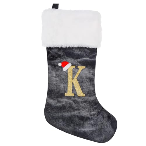 Weihnachtsstrumpf Personalisiert 45 cm Groß Nikolausstrumpf Nikolausstiefel Nikolaussocken zum Befüllen & Aufhängen, Grau Nikolaussocke Weihnachtsdekoration für Kamin, Weihnachtsbaum, Wand, Treppe(K) von GOXAEEE