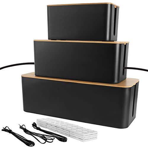 GOYADA 3 Stück Kabelbox Schwarz, 3 Größen Kabel-Organizer Box, Kabel Organizer Box Schwarz, Kabelmanagement Box Holz Deckel und 3 Kabelbindern von GOYADA