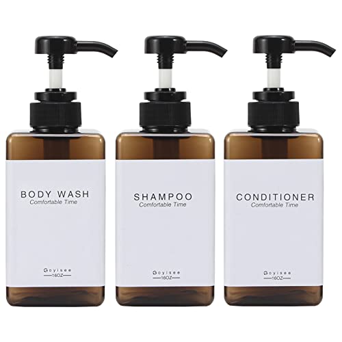 GOYISEE Shampoo und Conditioner Spender für Duschwand 3-Kammer-mit Bohrer Freie quadratische Dusche Seifenspender Wandhalterung mit Wasserdichten Etiketten (3B-Amber) von GOYISEE