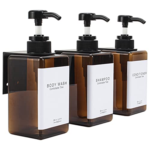 GOYISEE Shampoo und Conditioner Spender für Duschwand 3-Kammer-mit Bohrer Freie quadratische Dusche Seifenspender Wandhalterung mit Wasserdichten Etiketten (3B3W-Amber) von GOYISEE