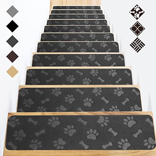 GOYLSER Treppenmatten für Holztreppe,Anti-Rutsch-sichere Treppen-Teppich Tritte mit doppeltem selbstklebenden für Älteste,Kind,Haustiere(76 * 20cm 15pack Schwarz Hundepfote) von GOYLSER