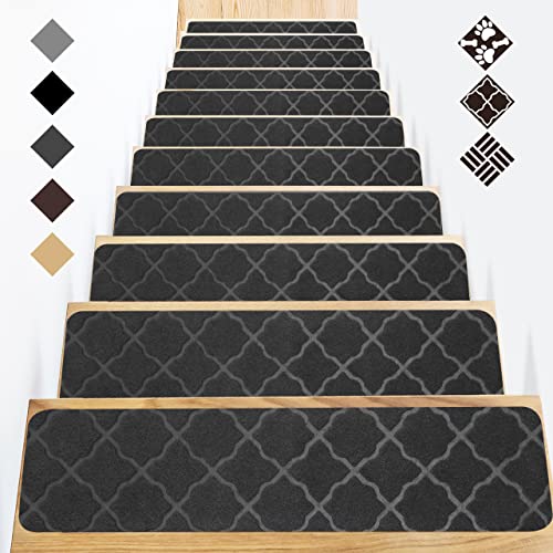 GOYLSER Stufenmatten Treppenstufen Matten Treppenteppich Selbstklebend Treppenmatten Anti-Rutsch Stufenteppich Rechteckig Rutschschutz Teppich für Kinder Haustiere Schwarz (76x20cm 15 Stück) von GOYLSER